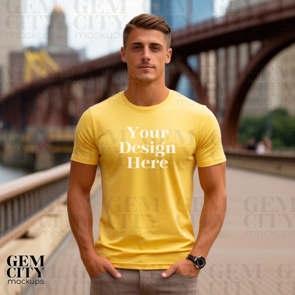 Male TShirt Mockup, Male Tee Mockup, Male Mockup, Yellow Tee Mockup, Pittsburgh Mockup, Urban Mockup, City Mockup, Yellow Shirt Mokkup