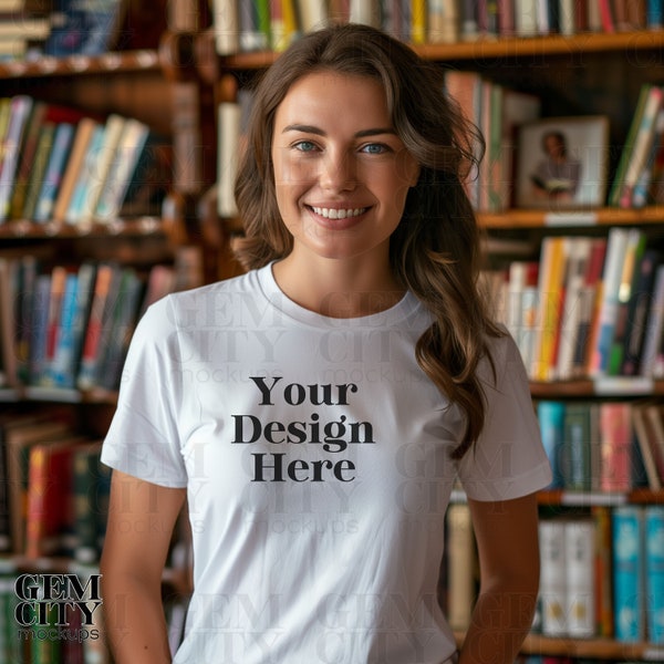 Female Mockup, Reading Mockup, Teacher Mockup, Library Mockup, Book Lover, Book Nerd, Mom Mockup, Girl Mockup, Woman Mockup, White Shirt