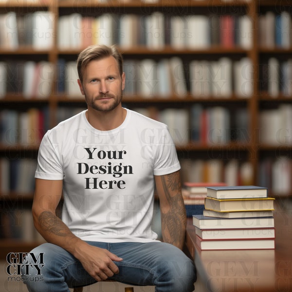 Male Bella Canvas 3001 Mockup, Bella Canvas 3001 White, Male Mockup, White Tee Mockup, Book Mockup, Reading Mockup, Library Mockup, Teacher