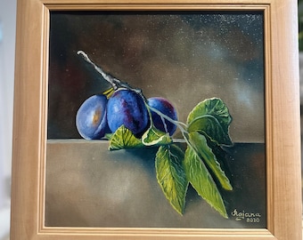 Framed Plum Still life oil painting