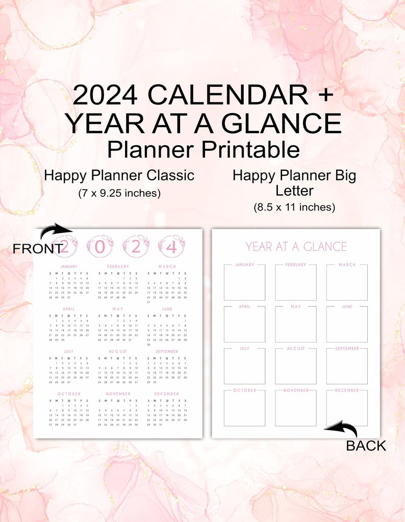 2024 Printable Calendar Year at A Glance for Happy Planner Classic and