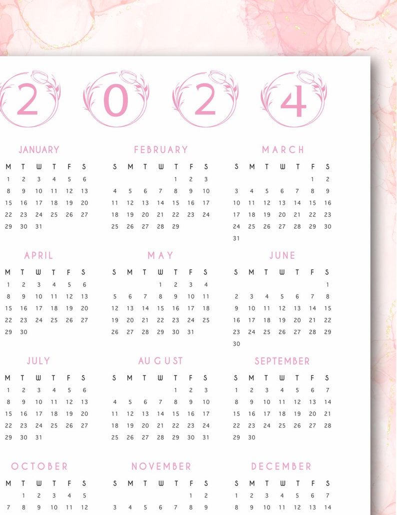 2024 Printable Calendar Year at A Glance for Happy Planner Classic and
