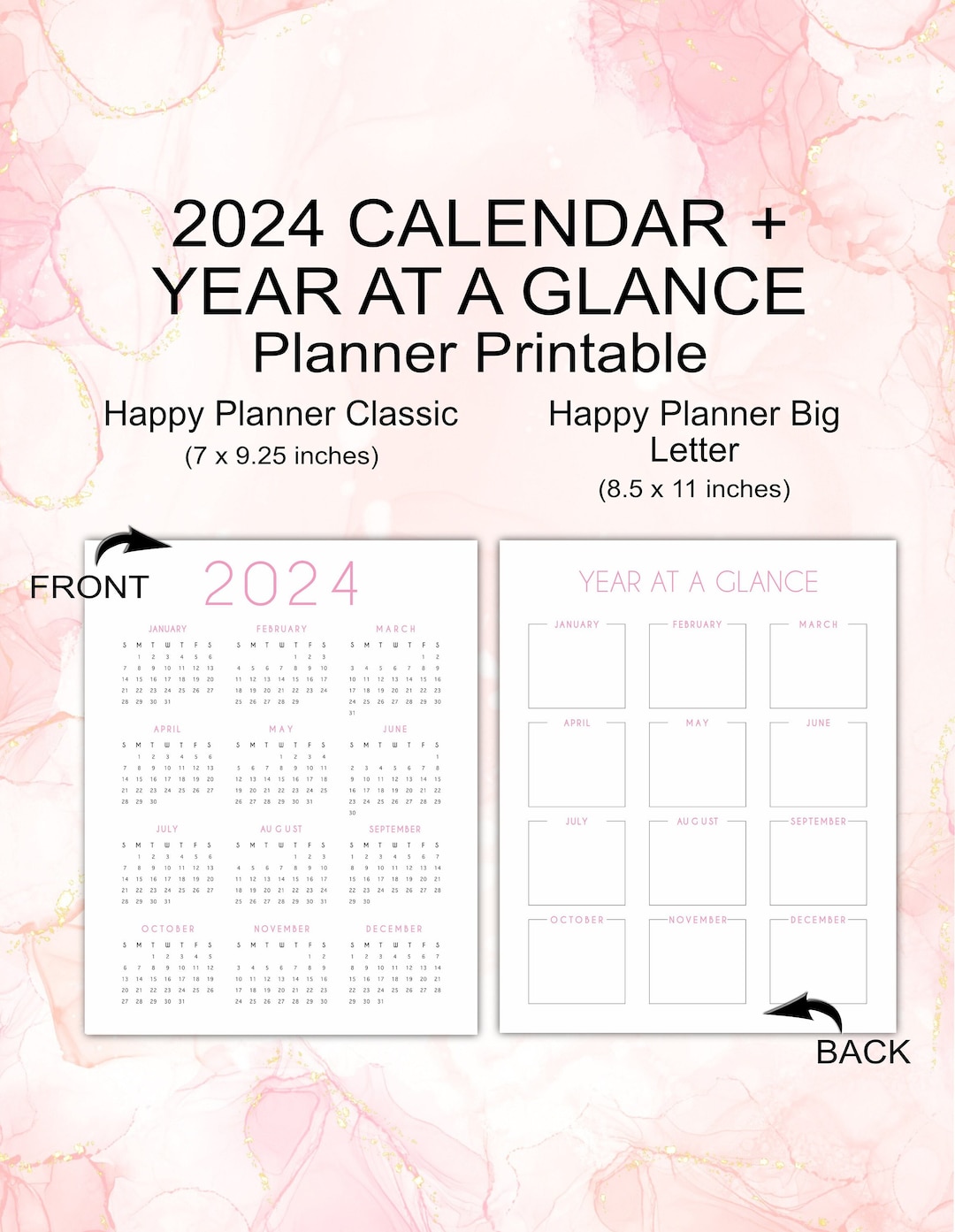 2024 Printable Calendar Year at A Glance for Happy Planner Classic and