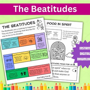 May include: A printable worksheet with colorful illustrations and text about the Beatitudes, a set of teachings from Jesus. The worksheet includes a maze and a quote about trusting in God. The text includes the phrase "The Beatitudes are a roadmap to happiness."