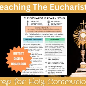 May include: A printable teaching resource for the Eucharist. The image features a gold monstrance with a host inside, a graphic with the text "The Eucharist is Really Jesus", and the text "Prep for Holy Communion".