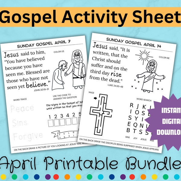 April Gospel Lessons with Kids Bible Coloring | Catholic Kids Digital Print Worksheets | Catholic Mass Quiet Book | Bible Busy Book