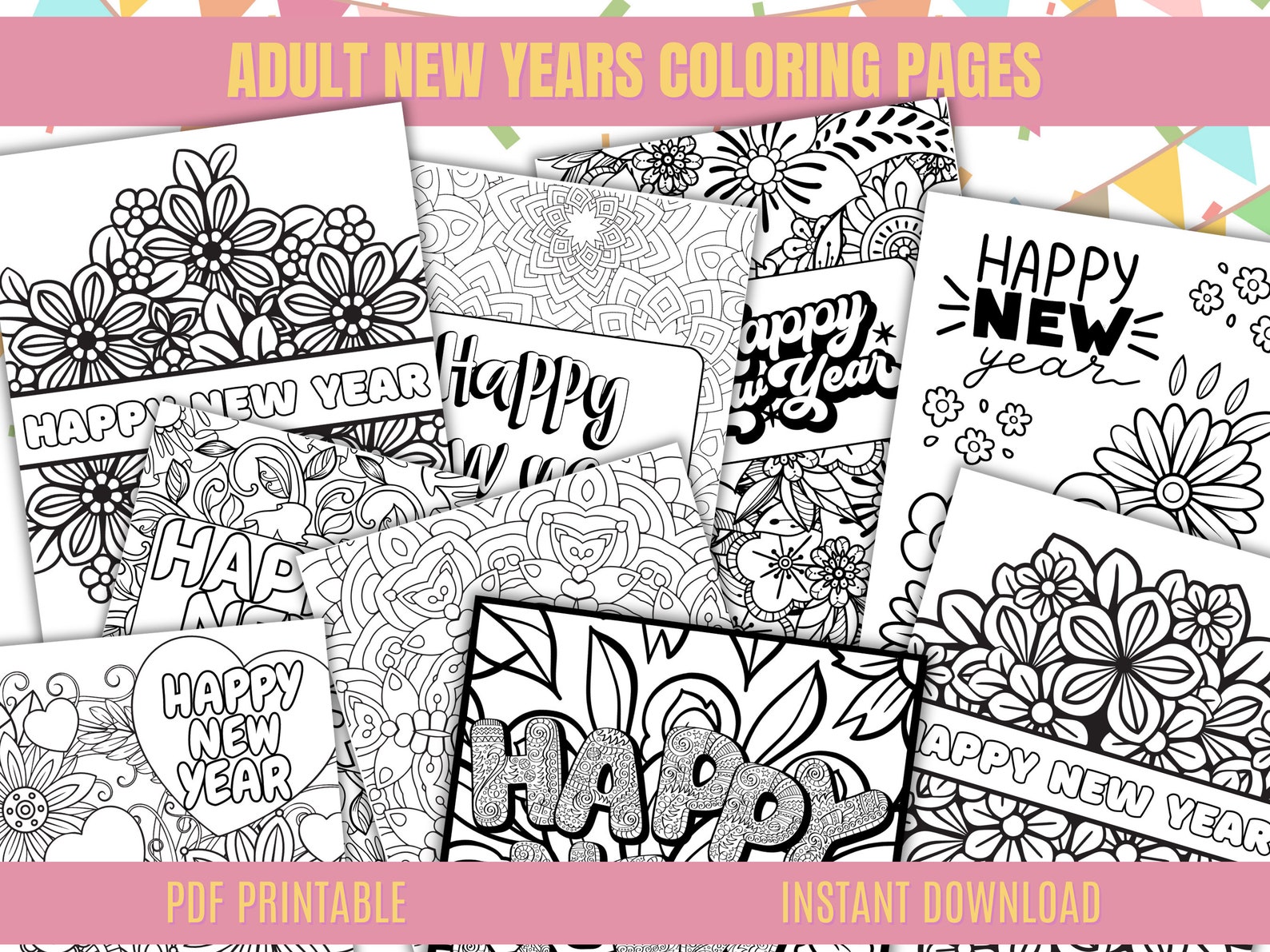 New Year 2024 Coloring Pages, Adult Coloring Pages, 2024 Coloring Pages