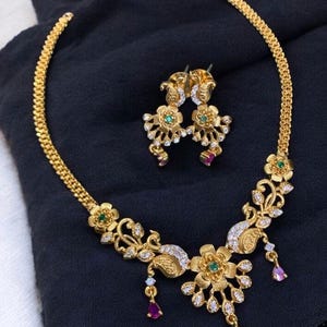 Gold Plated American Diamond Necklace & Earrings: Emerald Ruby CZ Choker