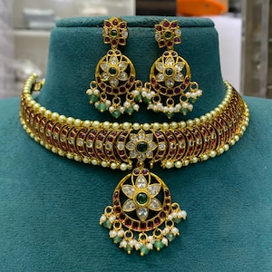 Kemp Stone Choker Necklace Set, Ruby, Emerald, Pearl, Temple Jewelry