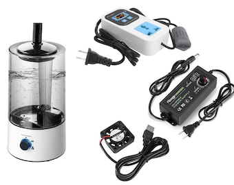 May include: A set of four white and black electronic devices, including a humidifier, a timer, a power adapter, and a small fan. The humidifier has a clear water tank and a black knob for adjusting the mist output. The timer has a digital display and a power outlet. The power adapter has a digital display and a knob for adjusting the voltage. The fan has a black plastic housing and a USB connector.