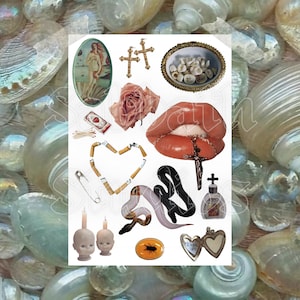 May include: A digital collage featuring a variety of images, including a painting of a woman, a rose, a pair of crossed gold crosses, a bowl of white pearls, a pair of red lips with a gold chain and cross, a heart shape made of cigarettes, a safety pin, a snake, a small bottle with a cross, two porcelain dolls, a candle, a beetle, and a locket with a heart.