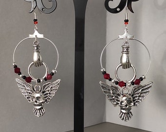 Gothic &quot;Winged Skull Hands&quot; Creole Earrings