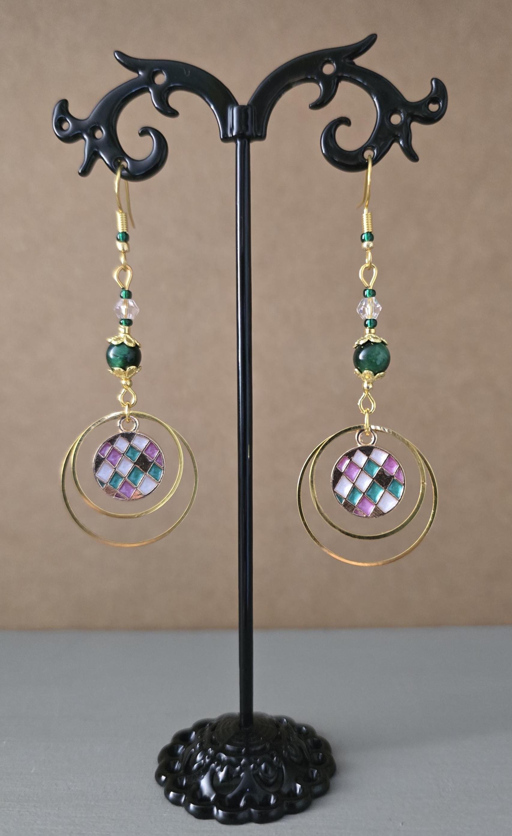 "Multicolored Checkerboard" gold earrings