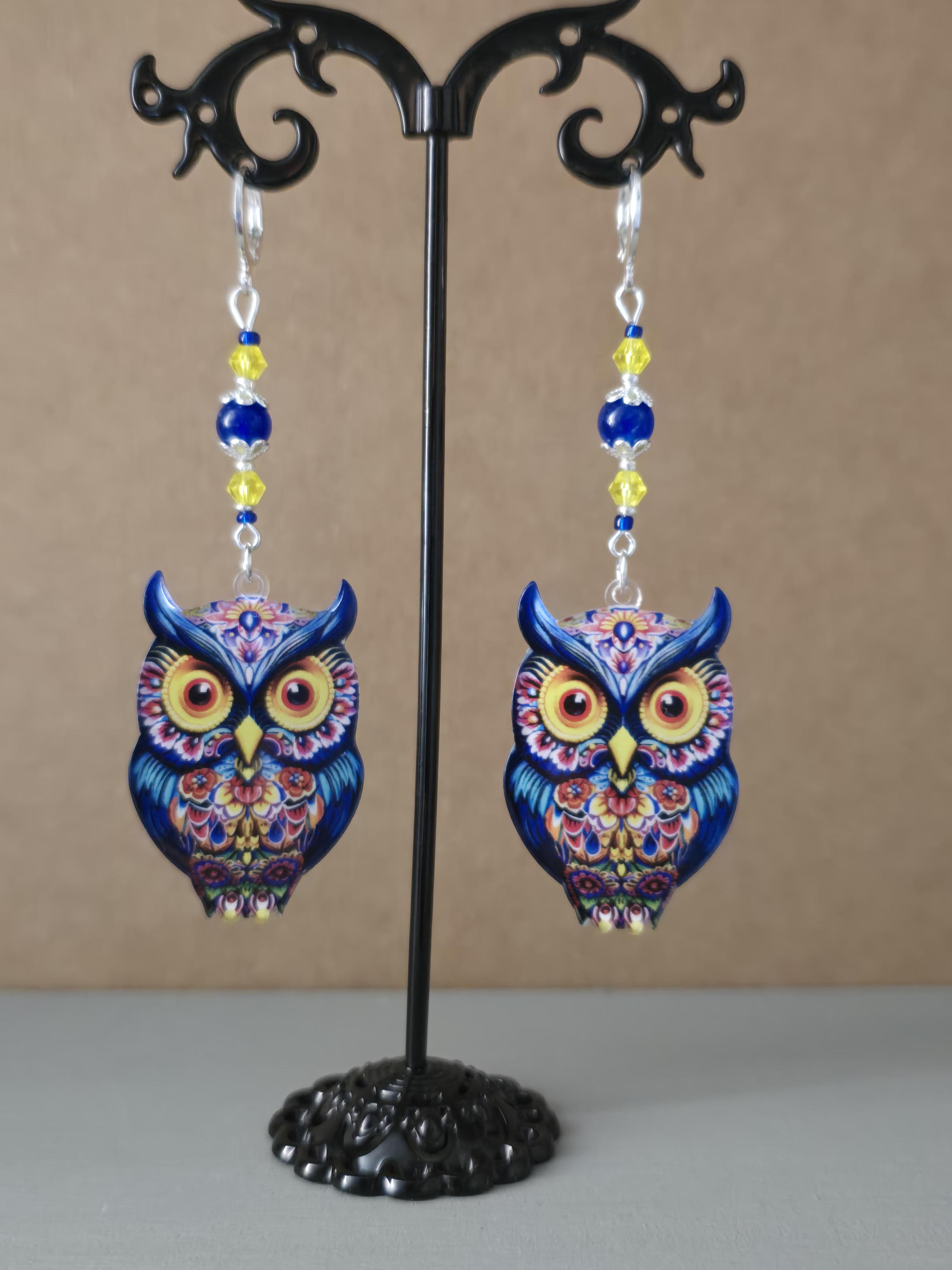 Boucles d'oreilles  argentées "Hibou bleu nuit"