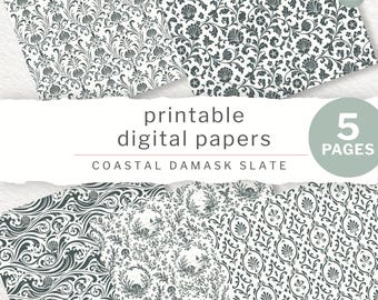 Junk Journal Papers | Coastal Damask Slate Grey Printable Pages, Scrapbooking and Collage | Digital Download (JW0047)