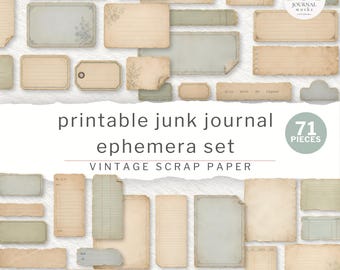 Junk Journal Ephemera Set | Printable Vintage Scrap Papers, Tags, Notecards, Stationery | Digital Download (JW0048)