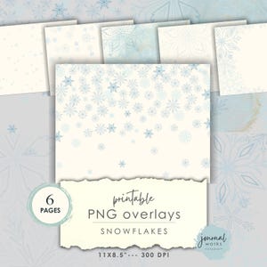 Peut inclure: Présentation de six superpositions PNG imprimables de flocons de neige. Les motifs présentent des flocons de neige bleu clair sur un fond crème. Le texte sur l'image indique "printable PNG overlays SNOWFLAKES" et "11x8.5"... 300 DPI".