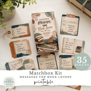 May include: A matchbox kit titled Messages for Book Lovers containing 35 pieces of paper ephemera. The set includes rectangular tags and cards featuring vintage-style illustrations of books, library checkout cards, and inspirational quotes.