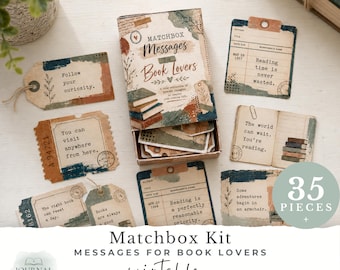 Printable Matchbox Kit for Book Lovers, Junk Journal Ephemera, Message Slips, Reading Phrases, Scrapbook Papers (JW0051)
