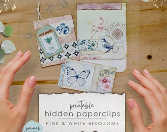 Kit de trombone caché floral rose et blanc, éphémères de journal indésirable, téléchargement numérique