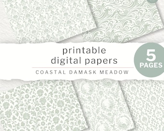 Junk Journal Papers | Coastal Damask Meadow Printable Pages, Green Scrapbooking and Collage | Digital Download (JW0047)