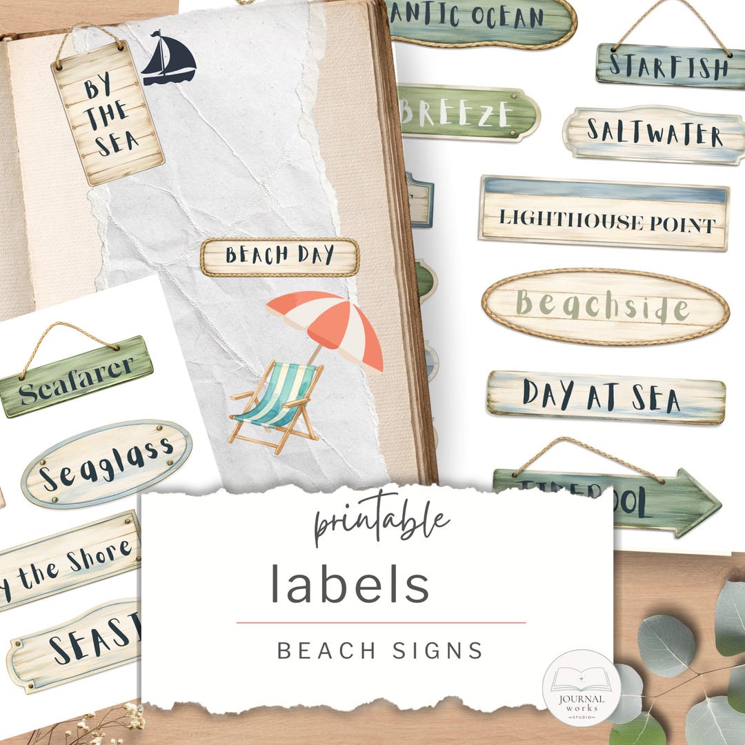 Beach Signs Ephemera, Printable Junk Journal Components, Digital ...
