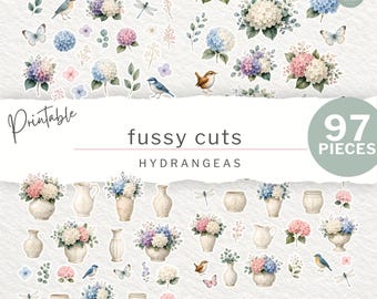 Printable Junk Journal Set | Hydrangea Fussy Cuts, Ephemera Digital Download, Flowers and Floral (JW0011)