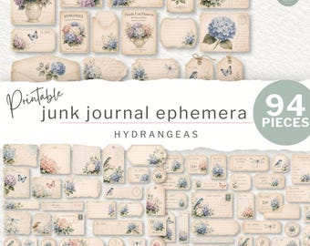 Printable Junk Journal Set | Hydrangeas Ephemera, Flower, Tickets, Receipts, Digital Download (JW0011)