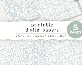 Junk Journal Papers | Coastal Damask Blue Grey Printable Pages, Scrapbooking and Collage | Digital Download (JW0047)