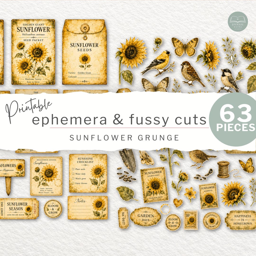 Printable Junk Journal Set | Sunflower Grunge Ephemera & Fussy Cuts ...