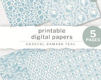 Junk Journal Papers | Coastal Damask Teal Printable Pages, Scrapbooking and Collage | Digital Download (JW0047)