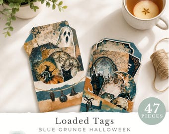 Halloween Junk Journal Printable, Loaded Tags Kit, Blue Grunge Ephemera, Fussy Cuts, Labels |  Digital Download (JW0137)