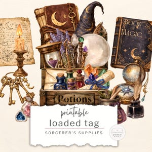 Może przedstawiać: Ilustracja zaopatrzenia czarodzieja, w tym butelek z miksturami, ksiąg zaklęć, kapelusza czarownicy, kryształów i płonącej świecy. Obraz zawiera tekst "Potions" i "printable loaded tag SORCERER'S SUPPLIES".