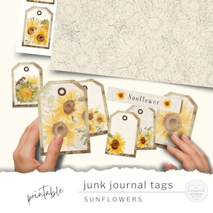 May include: Printable junk journal tags featuring watercolor sunflowers. The tags are in various sizes and shapes, with a vintage aesthetic. The background includes a sunflower pattern and the word "Sunflower".