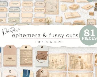 Readers Printable Ephemera Mix 1 |  Book Lover Fussy Cuts Labels Tags Journal Cards | Reading Decorative Kit | Digital Download (JW0037)