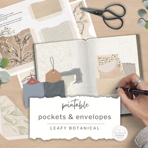 Bolsillos y sobres botánicos con motivos de hojas, suministros para diarios creativos, descarga digital imprimible