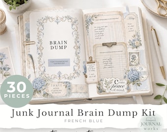 French Blue Brain Dump Junk Journal Kit | Printable Pages, Ephemera, and Fussy Cuts | Digital Download (JW0133)