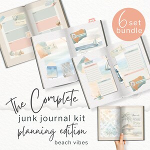 May include: A 6 set bundle of junk journal kits featuring beach-themed planning pages with watercolor illustrations of sailboats, seashells, and coastal landscapes. The pages include daily schedules, to-do lists, and notes sections with soft blue, peach, and cream color palettes.