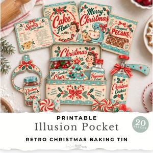 May include: A collection of twenty printable retro Christmas baking tin elements featuring vintage illustrations of cake flour, chopped pecans, peppermint extract, candied cherries, and Christmas cookies with red, green, and teal holiday motifs.