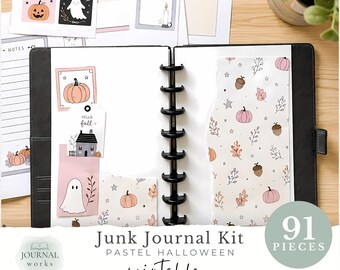 Halloween Junk Journal Kit, Cute Printable Pastel Ephemera and Papers, Autumn, Witch, Pumpkins, Ghosts (JW0053)