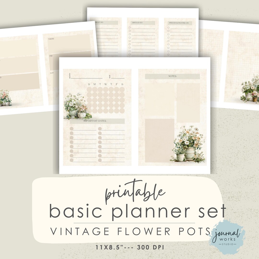 Vintage Flower Pot Journal Calendar Kit, Printable Planner Junk Journal ...