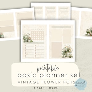Kalenderkit för vintage blomkruka, utskrivbara skräpjournalsidor för planerare, nedladdning av månatliga och veckovisa blomsterarrangörer