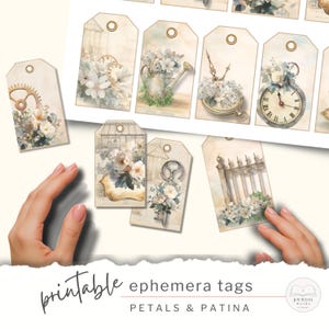 May include: Printable ephemera tags featuring vintage floral and clock designs. The tags have a distressed, aged appearance with a variety of floral arrangements and antique elements. The text "printable ephemera tags" and "Petals & Patina" are visible.