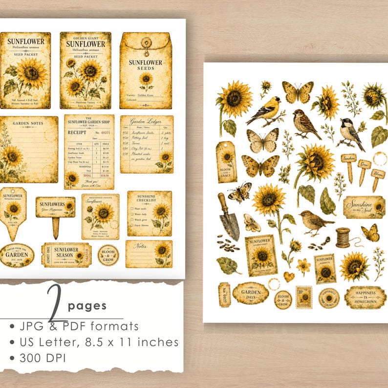 Printable Junk Journal Set | Sunflower Grunge Ephemera & Fussy Cuts ...