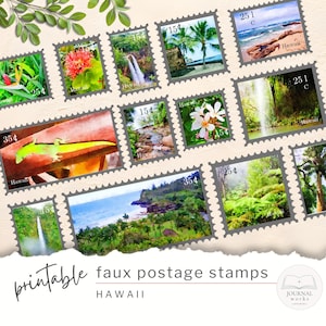 May include: A collection of printable faux postage stamps featuring Hawaiian landscapes, flora, and fauna. The stamps showcase images of waterfalls, beaches, flowers, and a gecko. The stamps are in various denominations, with the word "Hawaii" printed on each.