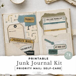 May include: A printable junk journal kit featuring 74 pieces of paper ephemera with a postal theme. The collection includes tags, labels, and cards with text such as Priority Mail, Self-Care Packing Slip, Get More Sleep, and Make Room For Joy.