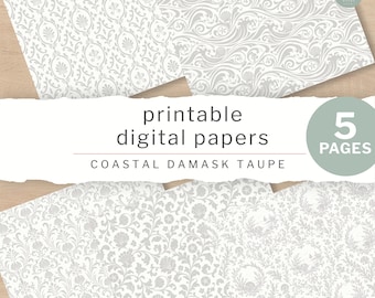 Junk Journal Papers | Coastal Damask Taupe Printable Pages, Scrapbooking and Collage | Digital Download (JW0047)