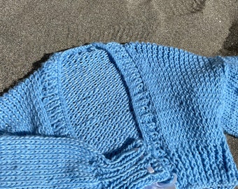 Blue Cardigan / Chunky knit sweater for women/ Knit Cropped Cardigan/ Woman knitted top/ Knit Cardigan/ Gift for her/ Ribbon Cardigan