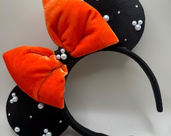 Black and Orange Halloween Minnie Ears with Pearls