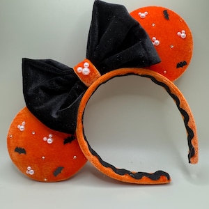 Schwarz und Orange Halloween Minnie Ohren mit Fledermäusen